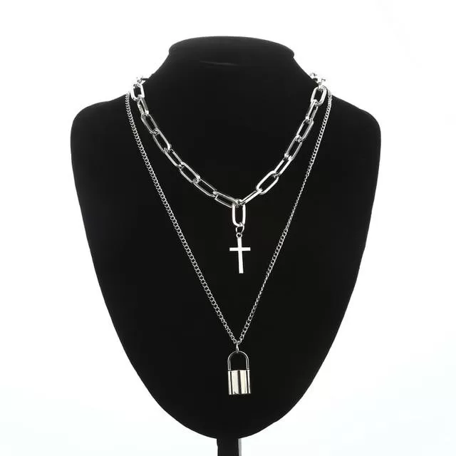 Layered Silver Chain Necklace with Cross and Lock Pendants