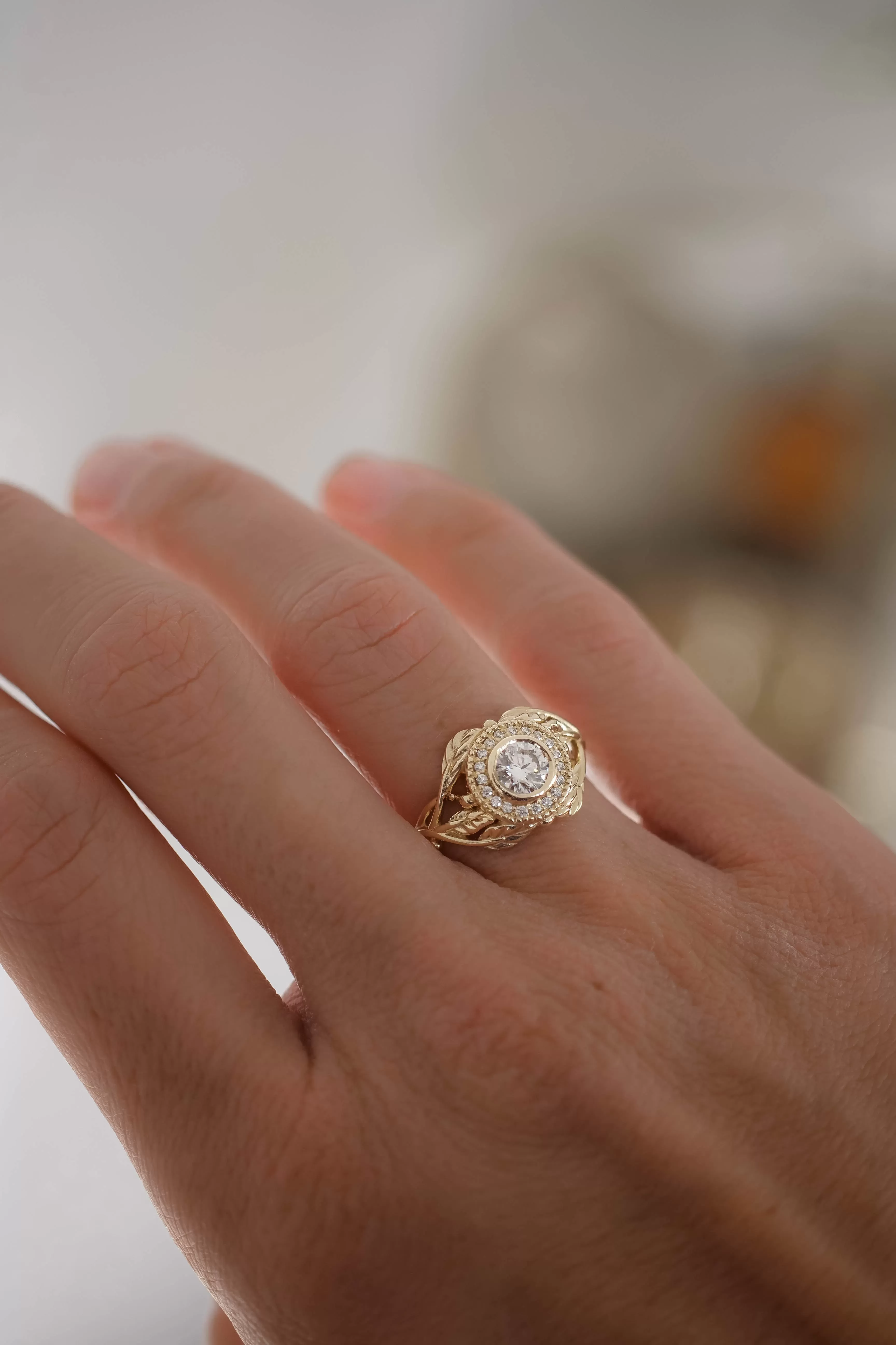 Leaf & halo engagement ring with lab grown diamond, 5mm / Tilia halo