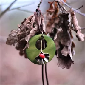 Leather Necklace with Wooden Pendant and Metal Flower -3 Colors