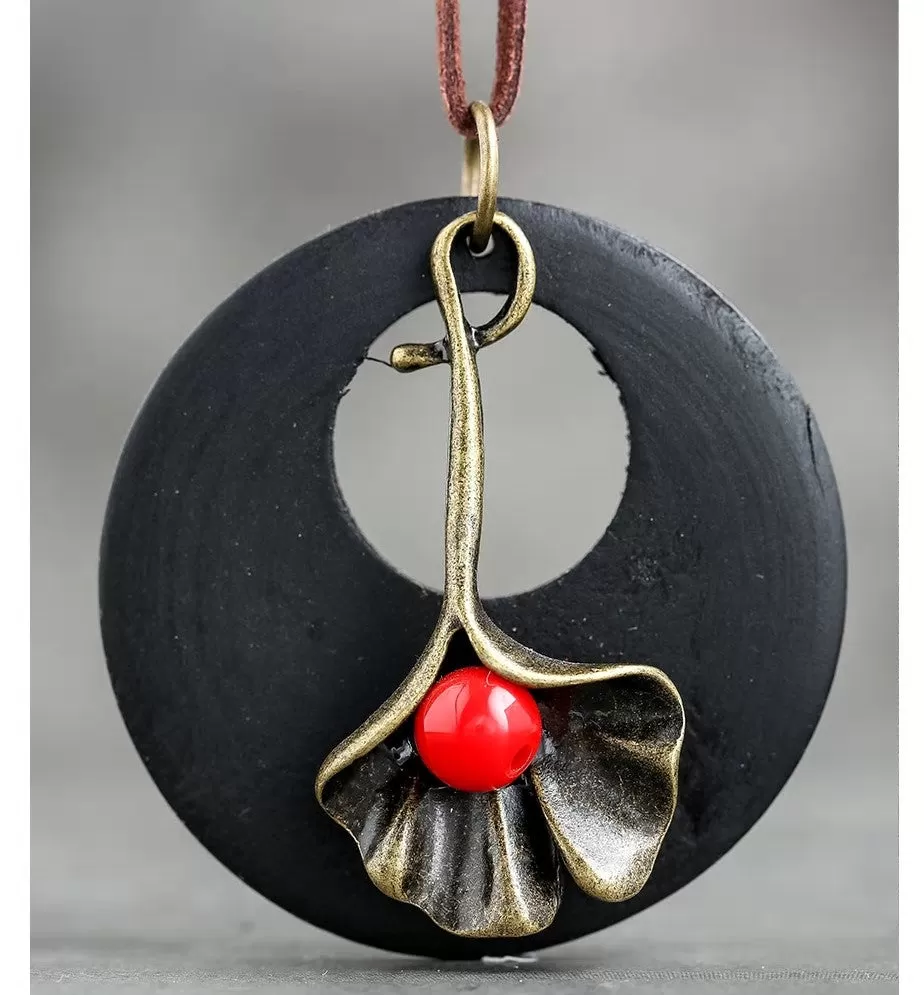 Leather Necklace with Wooden Pendant and Metal Flower -3 Colors