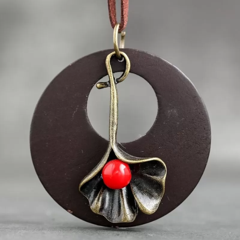 Leather Necklace with Wooden Pendant and Metal Flower -3 Colors