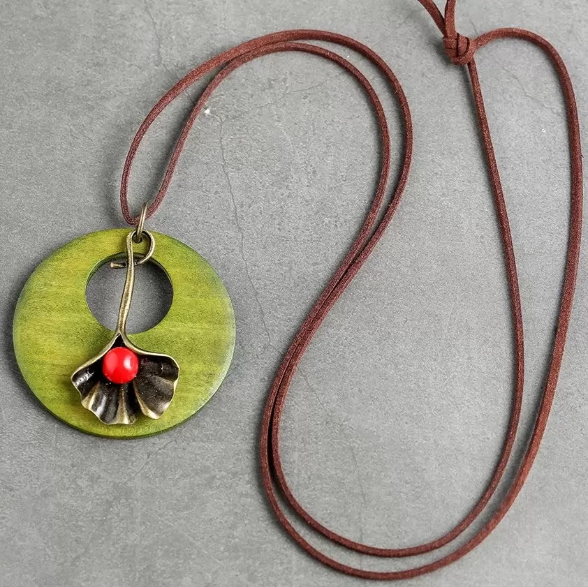 Leather Necklace with Wooden Pendant and Metal Flower -3 Colors