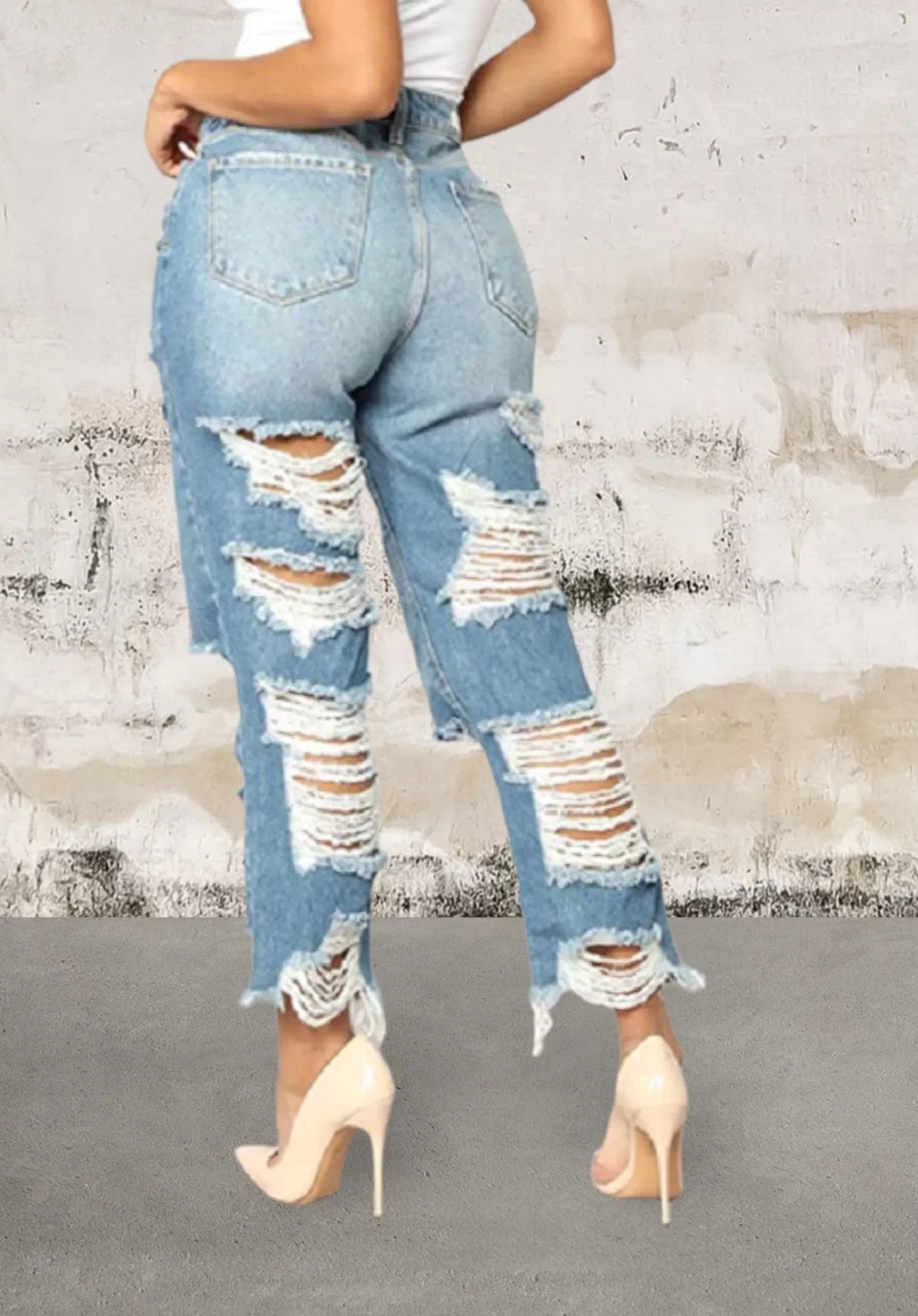 Light bule distressed stylish cut denim jeans