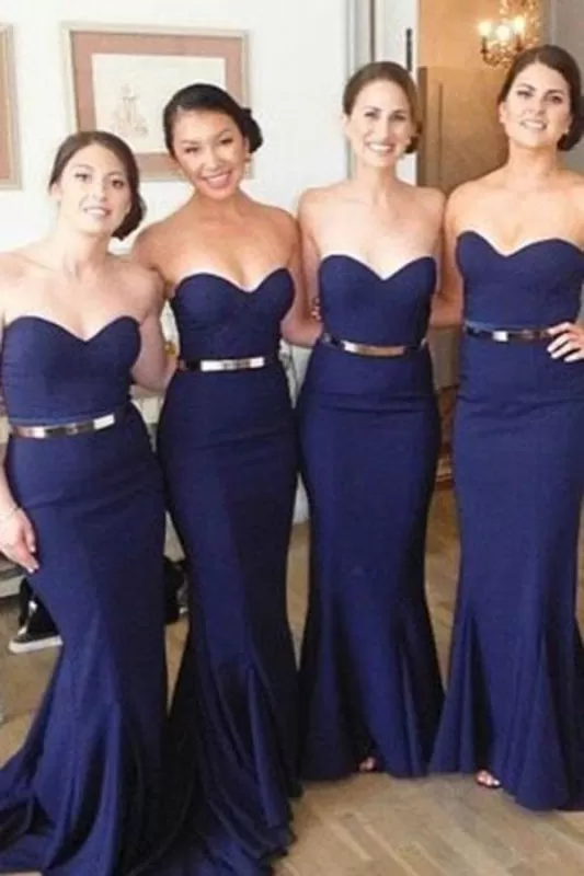 Long Dark Blue Sweetheart Strapless Bridesmaid Dress