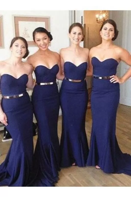 Long Dark Blue Sweetheart Strapless Bridesmaid Dress