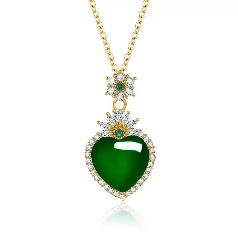 Love Heart-Shaped Emerald & Green Chalcedony Pendant Necklace