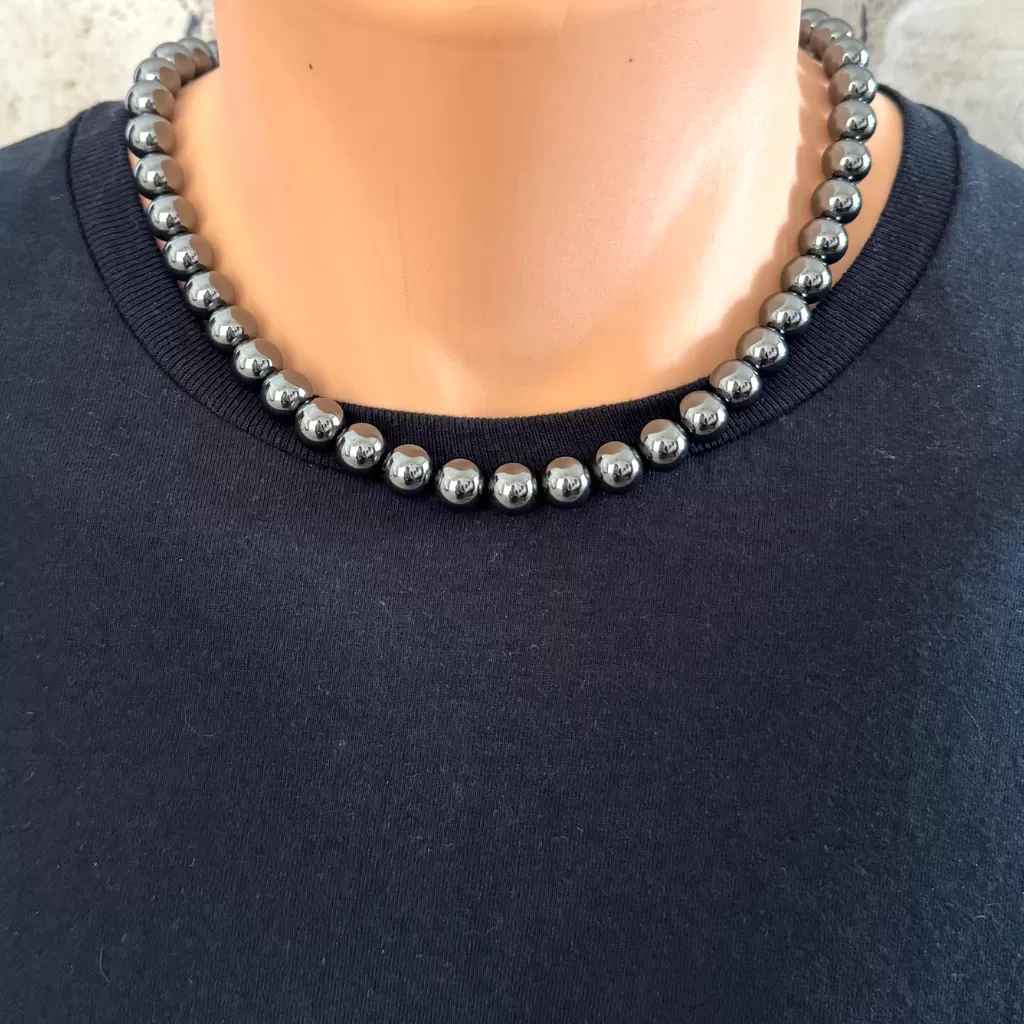 Mens Hematite 10mm Beaded Necklace