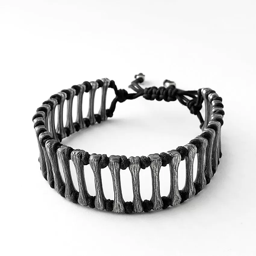 Men's Wide Black Cord Bangle Bracelet with 925 Silver Bones