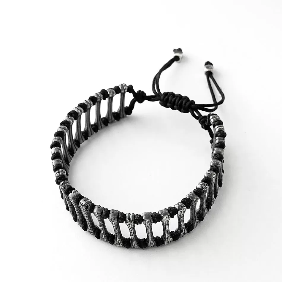 Men's Wide Black Cord Bangle Bracelet with 925 Silver Bones