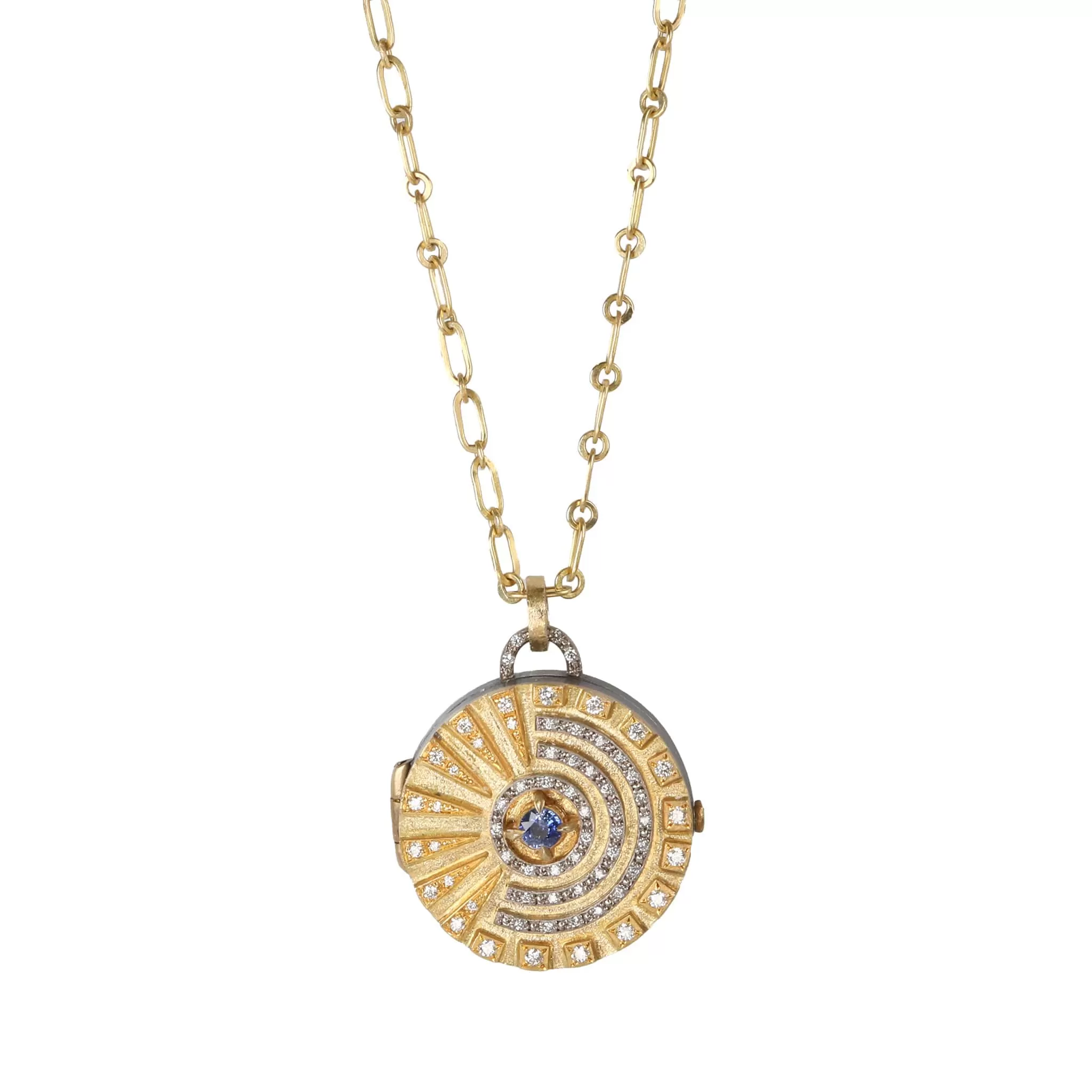 Mixed Metal Radia Locket with Diamonds & Center Blue Sapphire