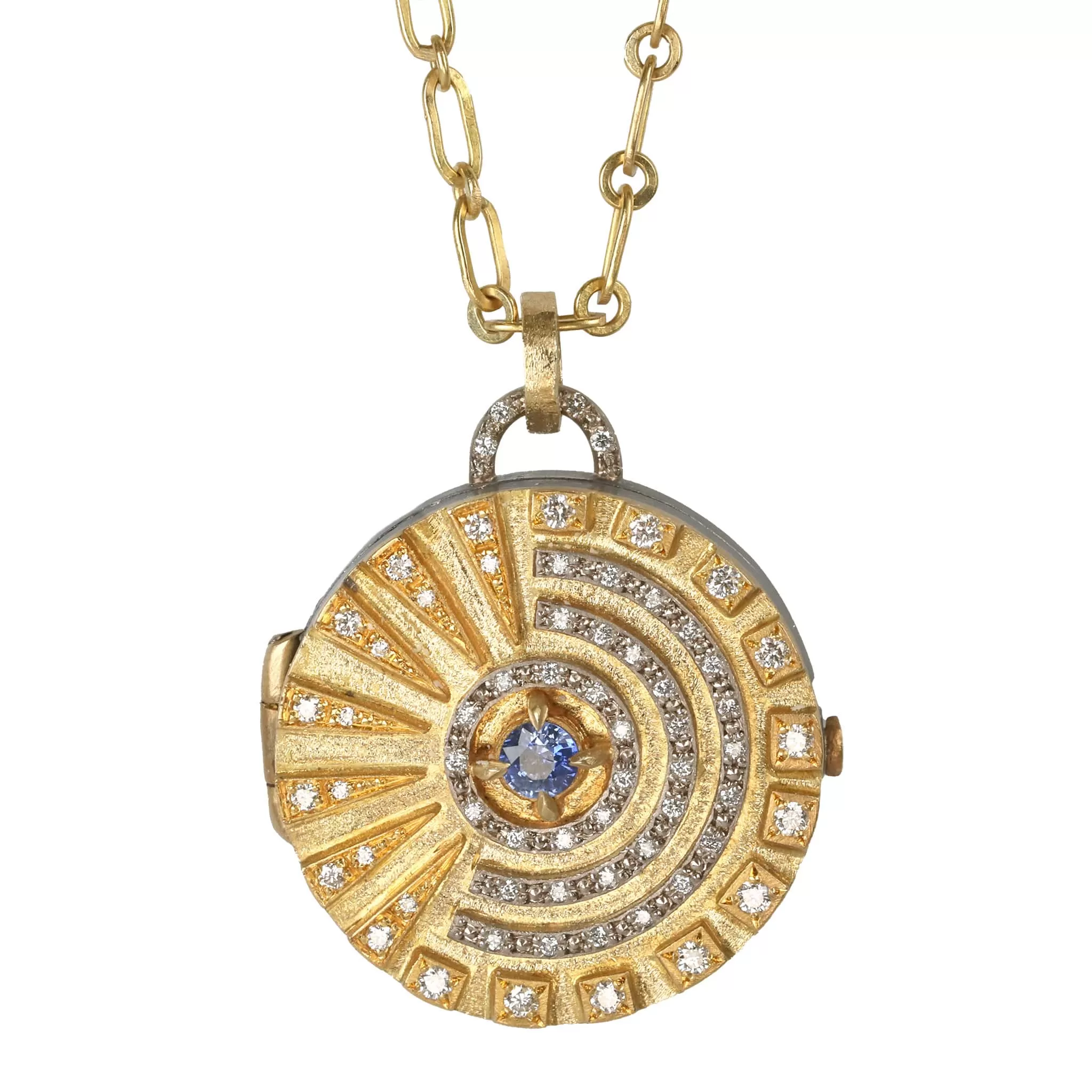 Mixed Metal Radia Locket with Diamonds & Center Blue Sapphire