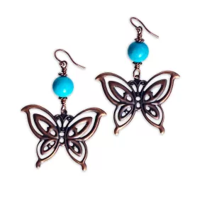 Natural Turquoise gemstone with Copper Butterfly Dangle Earrings