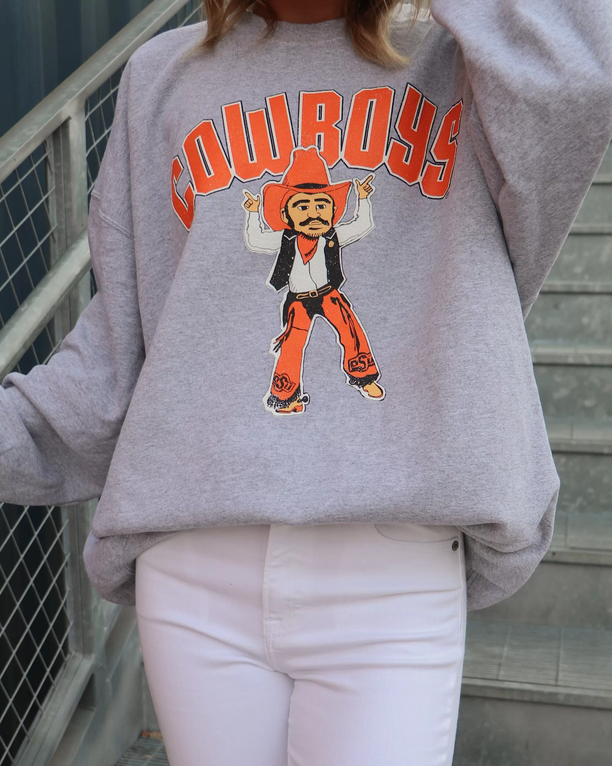 OSU Cowboys Cartoon Mascot Puff Ink Gray Thrifted Sweatshirt