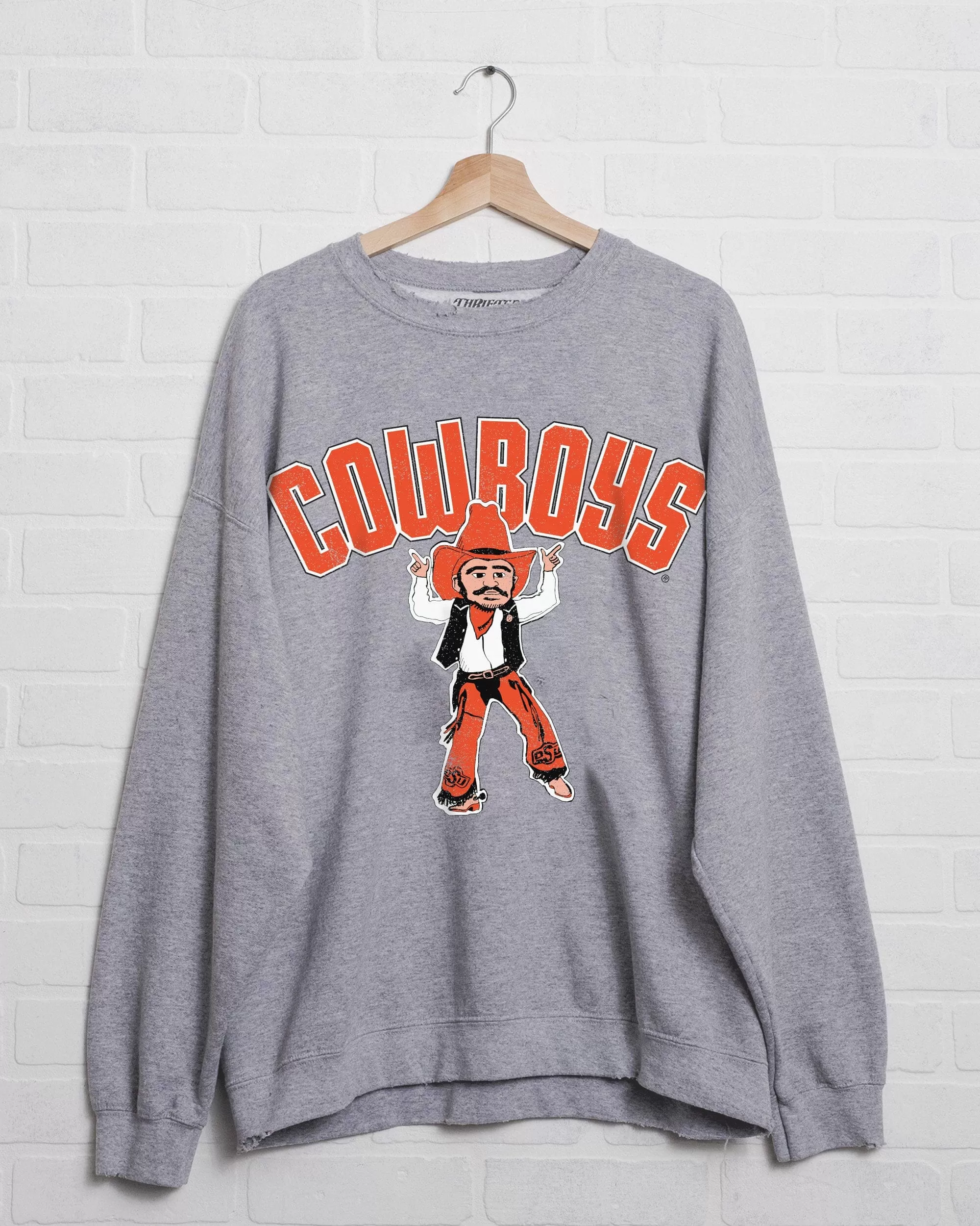 OSU Cowboys Cartoon Mascot Puff Ink Gray Thrifted Sweatshirt