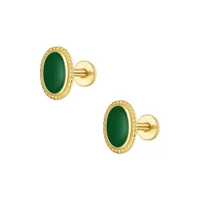 Oval Simulated Emerald CZ Diamond Flat Back Earrings