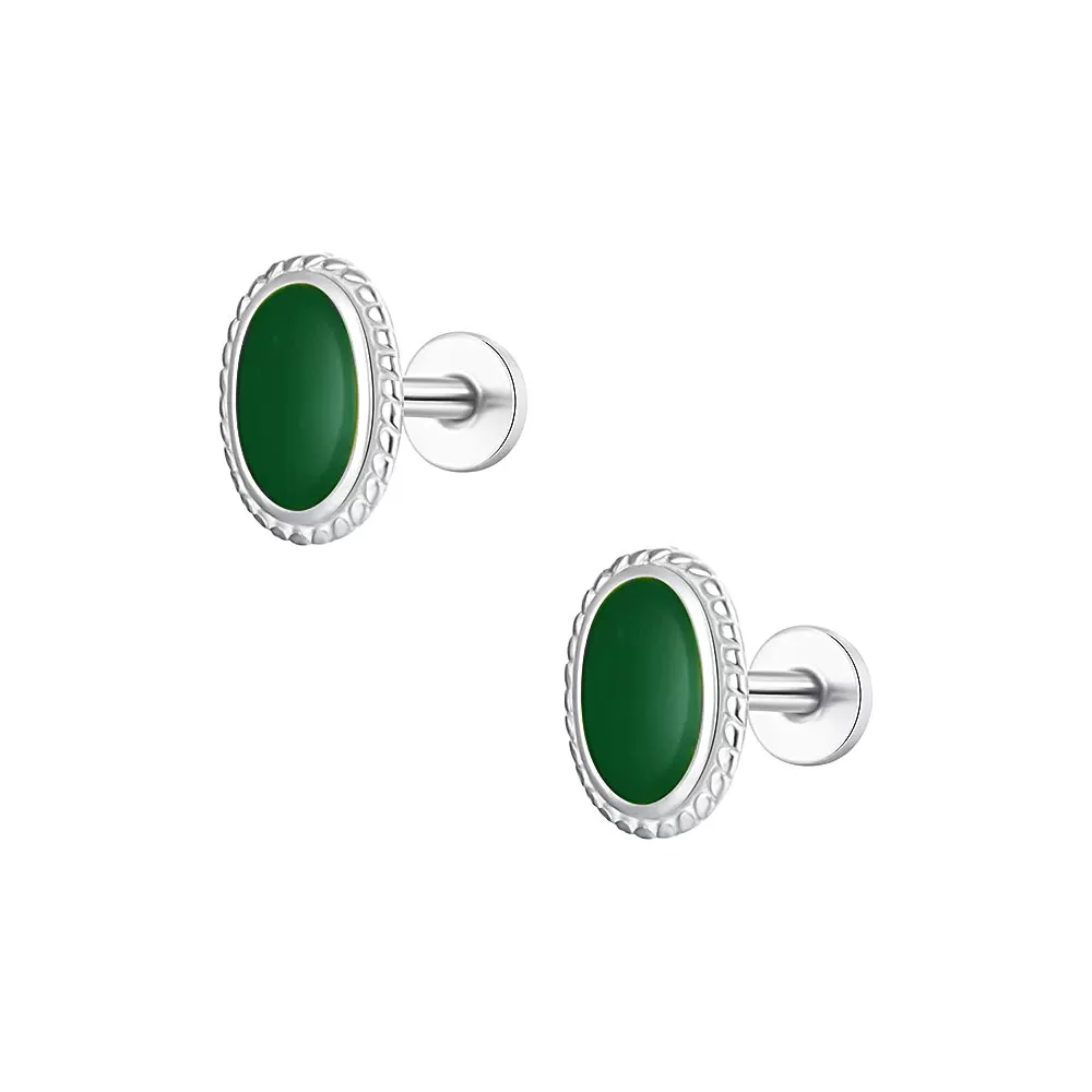 Oval Simulated Emerald CZ Diamond Flat Back Earrings