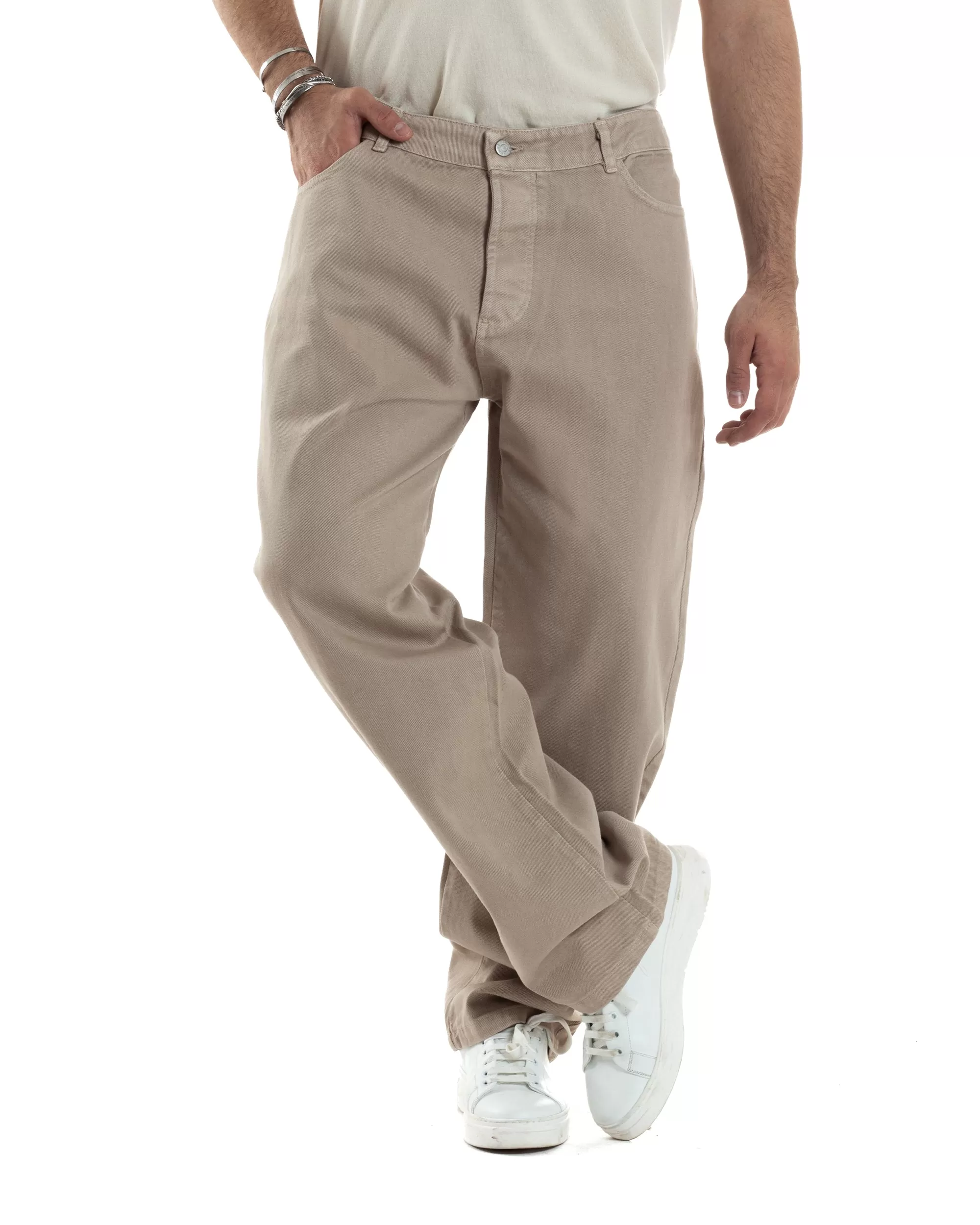 Pantaloni Uomo Jeans Straight Fit Baggy Basic Cinque Tasche Beige GIOSAL-JS1040A