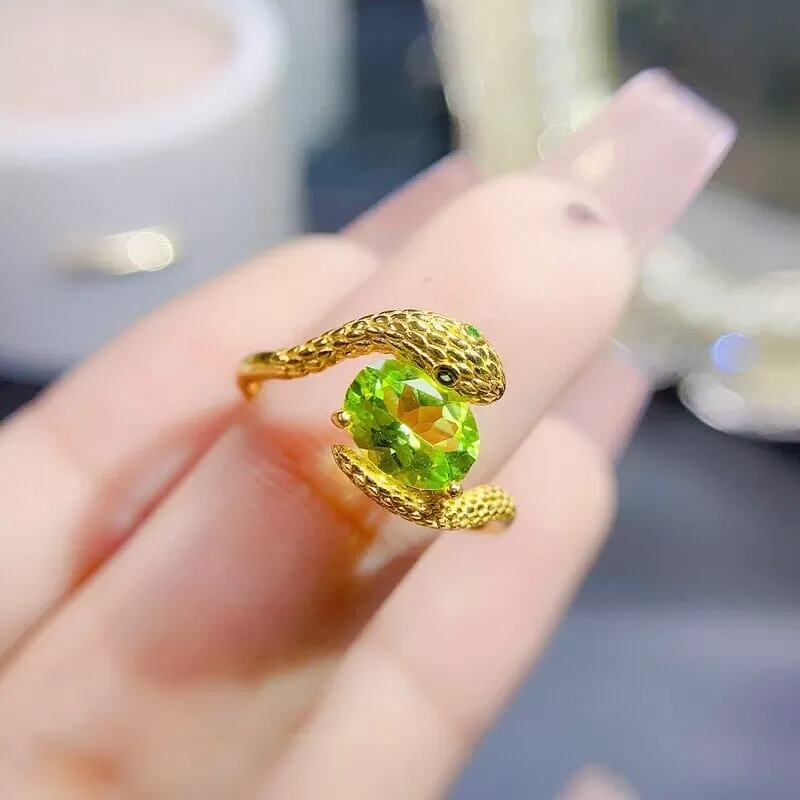 Peridot Snake 925 Sterling Silver Resizable Ring