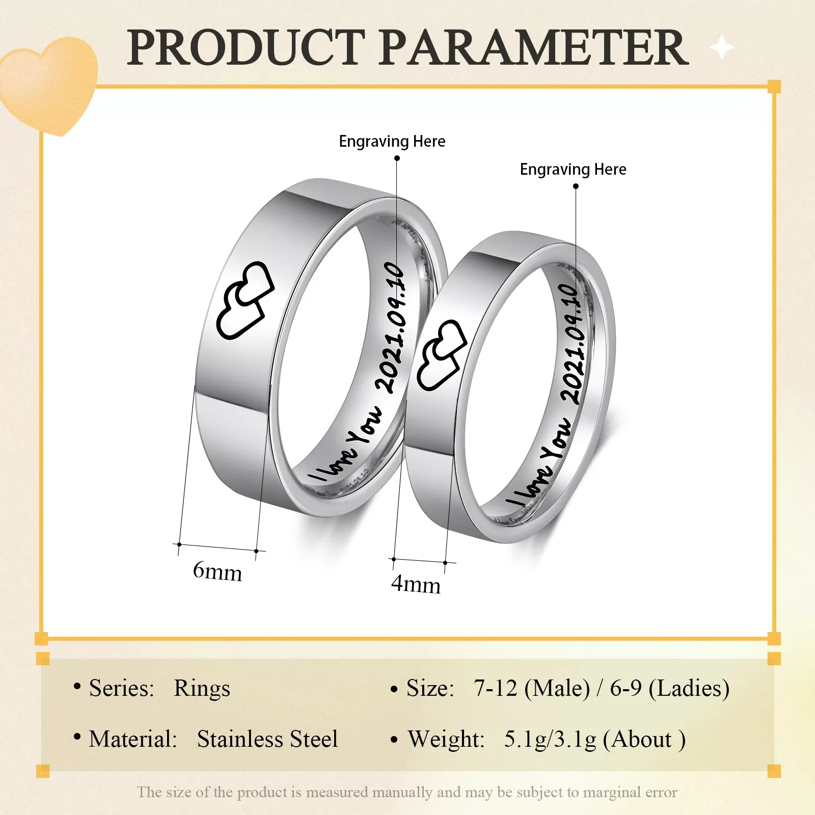 Personalized His and Hers Traditional Promise Ring or Wedding Ring Set Couples Rings