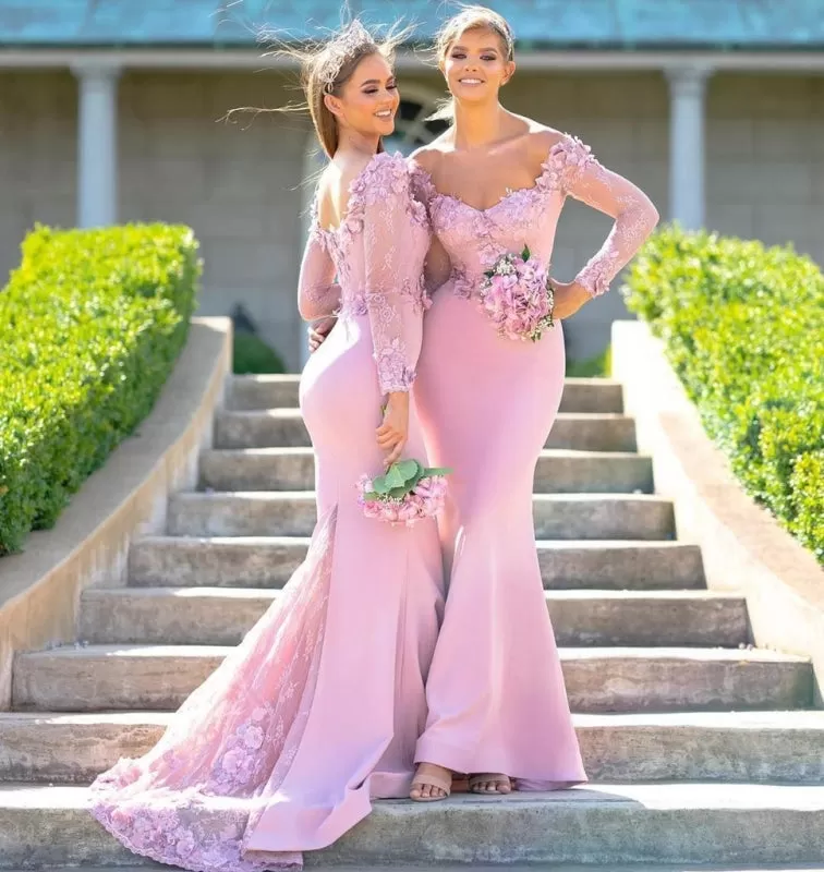 Pink Mermaid Applique Long Sleeves Floor-Length Bridesmaid Dress