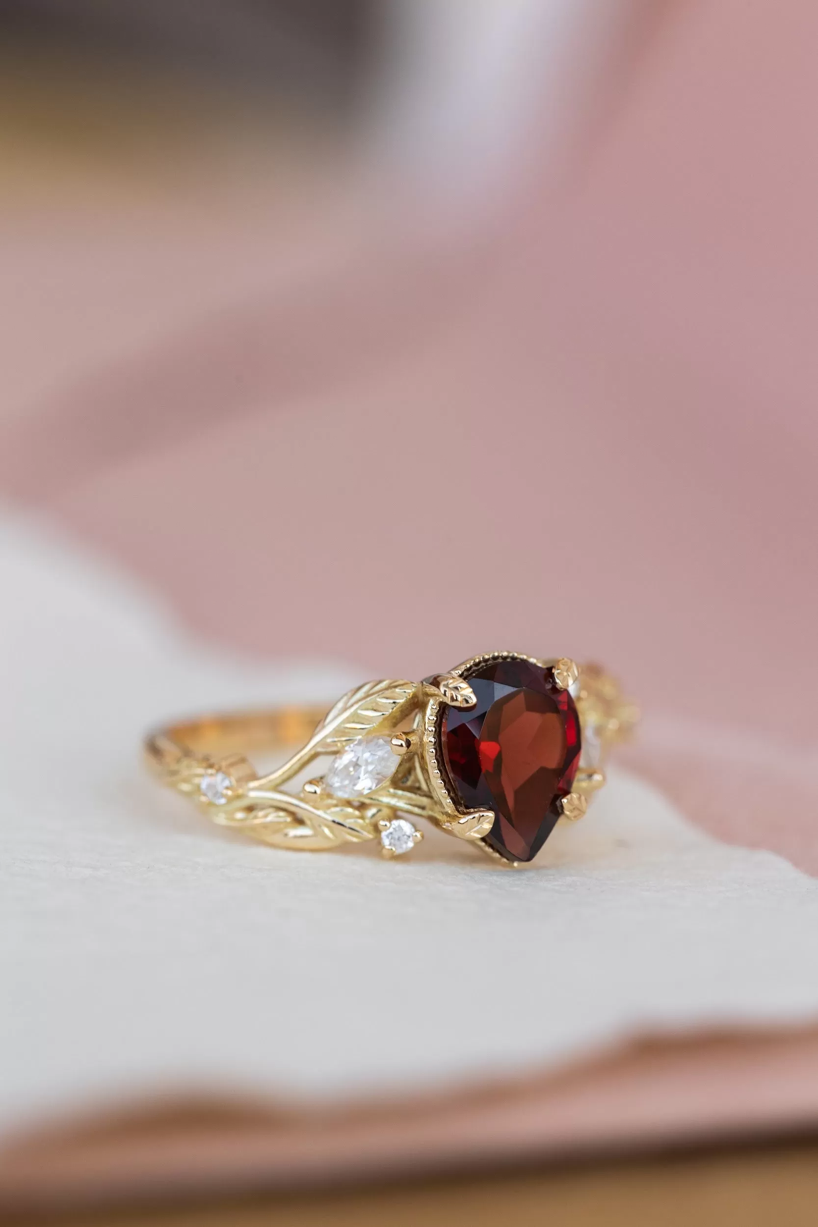 READY TO SHIP: Patricia ring in 14K yellow gold, natural garnet pear cut 8x6 mm, accent moissanites, AVAILABLE RING SIZES: 5.25-7.25US