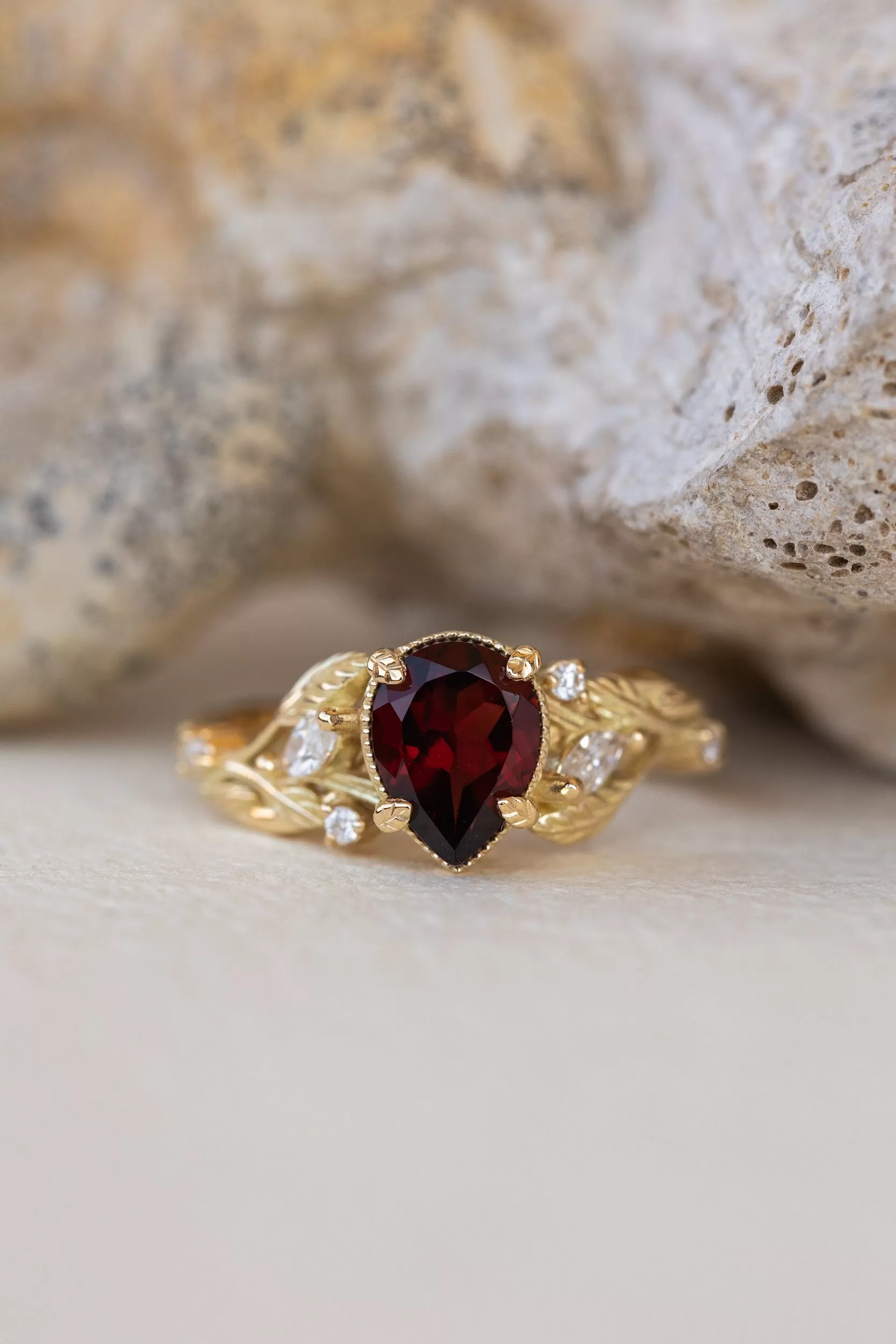 READY TO SHIP: Patricia ring in 14K yellow gold, natural garnet pear cut 8x6 mm, accent moissanites, AVAILABLE RING SIZES: 5.25-7.25US