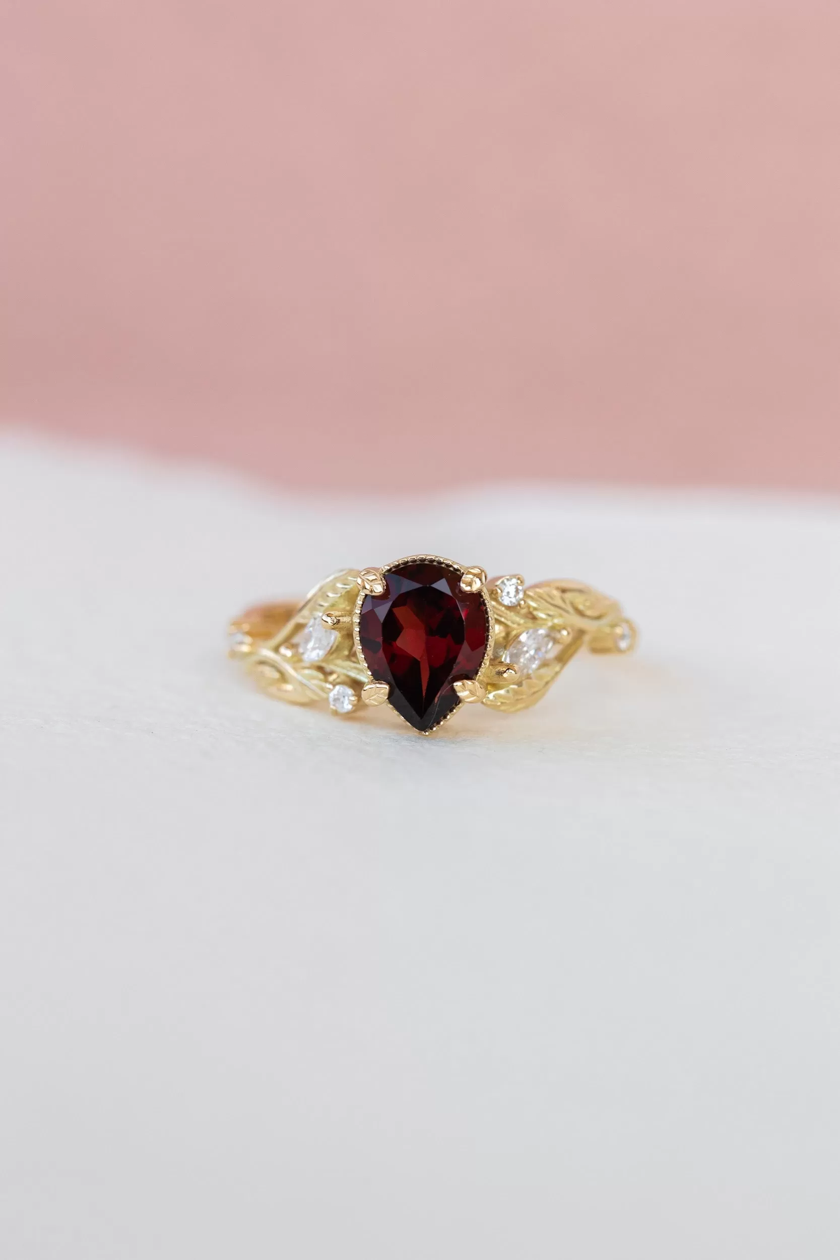 READY TO SHIP: Patricia ring in 14K yellow gold, natural garnet pear cut 8x6 mm, accent moissanites, AVAILABLE RING SIZES: 5.25-7.25US