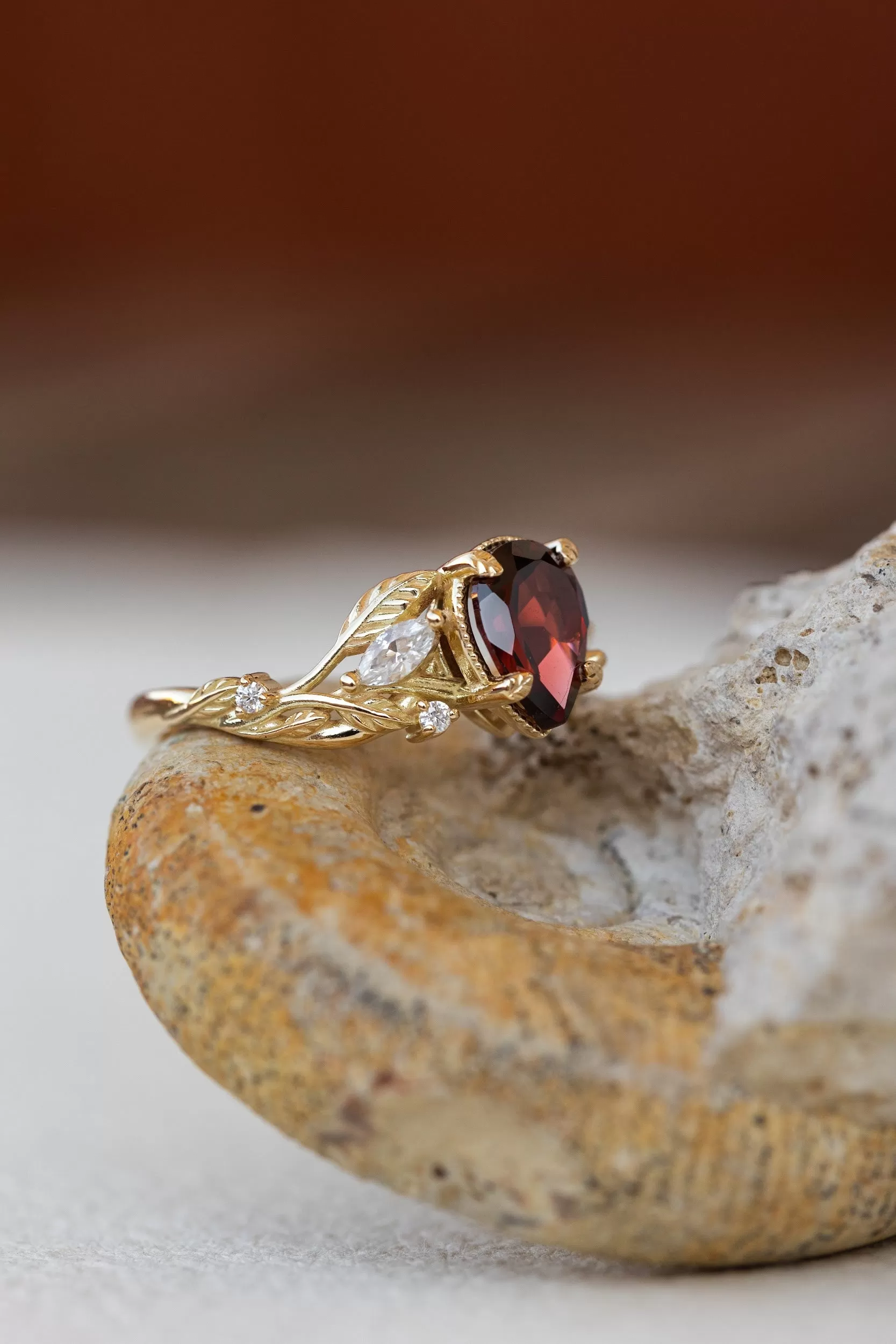 READY TO SHIP: Patricia ring in 14K yellow gold, natural garnet pear cut 8x6 mm, accent moissanites, AVAILABLE RING SIZES: 5.25-7.25US