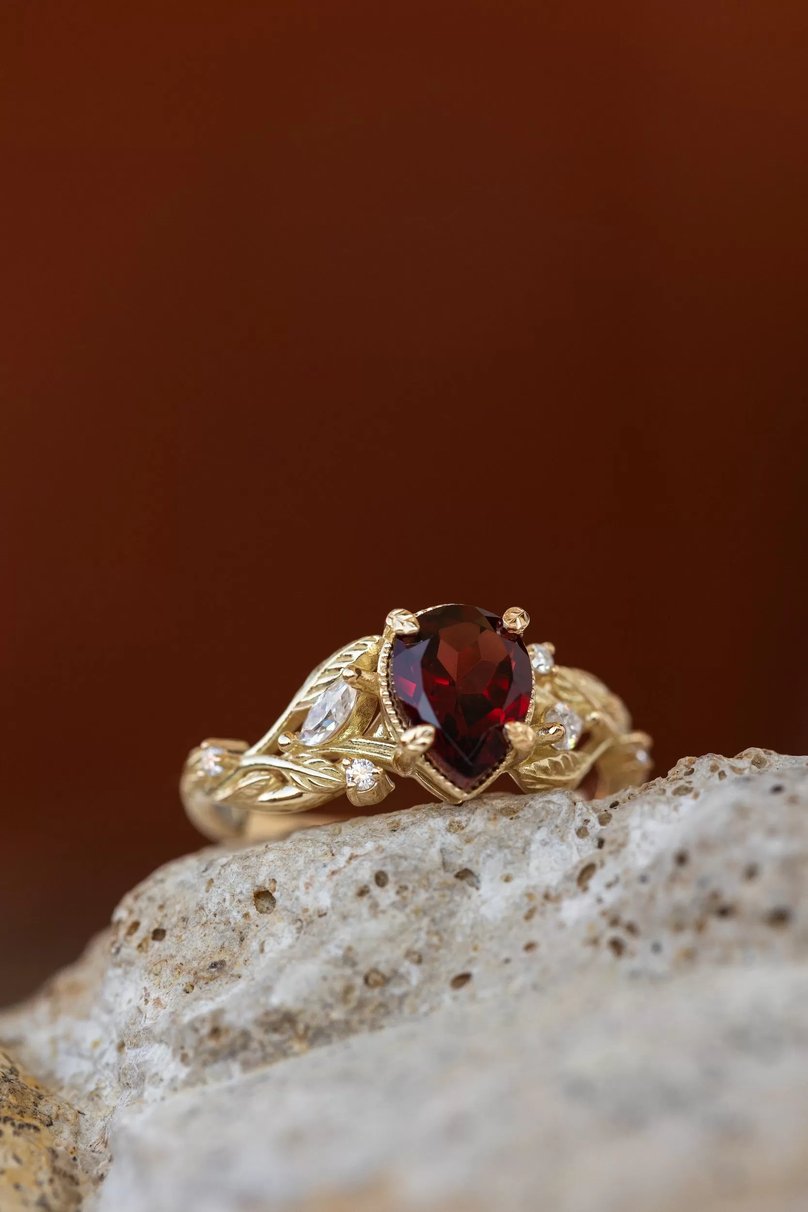 READY TO SHIP: Patricia ring in 14K yellow gold, natural garnet pear cut 8x6 mm, accent moissanites, AVAILABLE RING SIZES: 5.25-7.25US