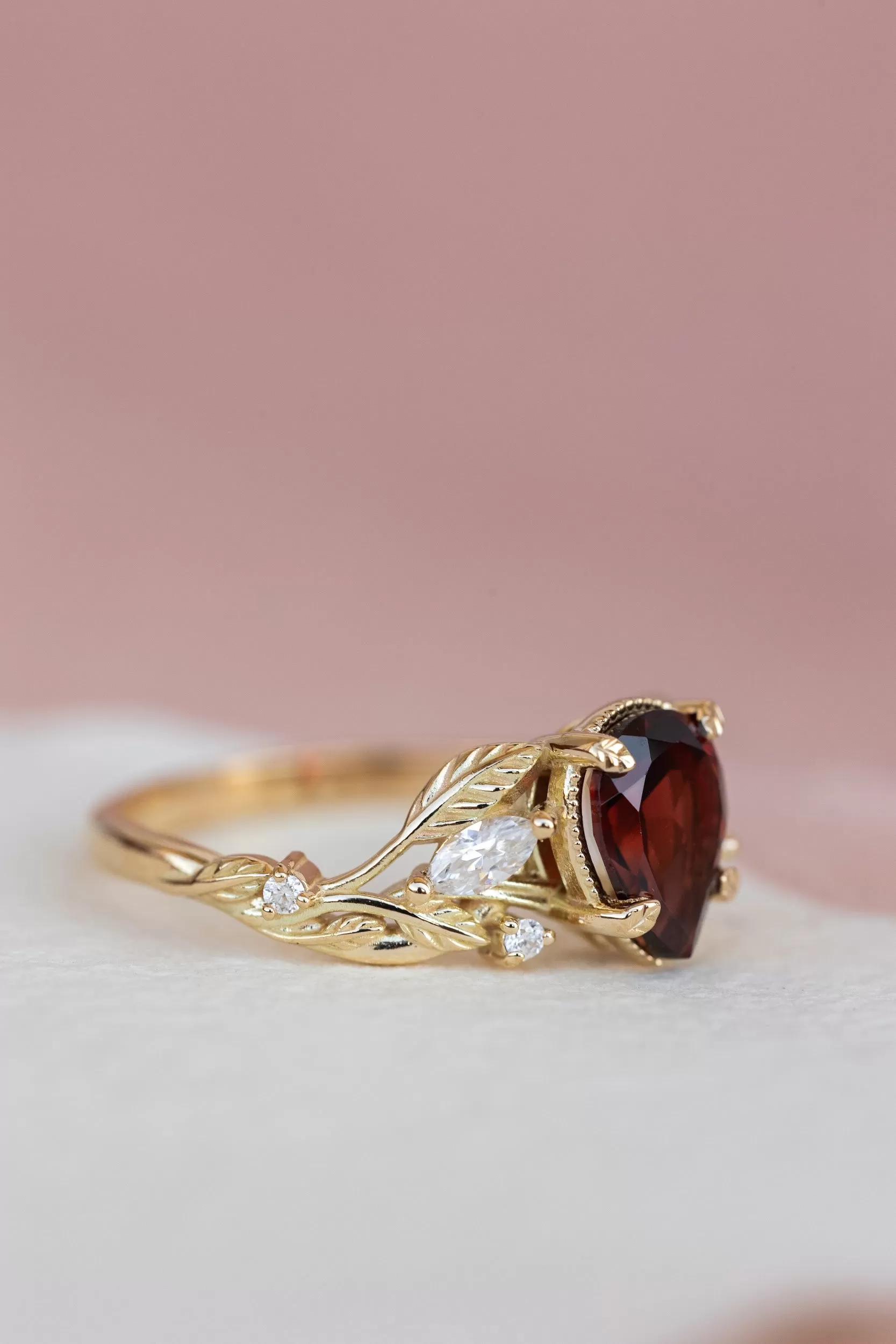 READY TO SHIP: Patricia ring in 14K yellow gold, natural garnet pear cut 8x6 mm, accent moissanites, AVAILABLE RING SIZES: 5.25-7.25US