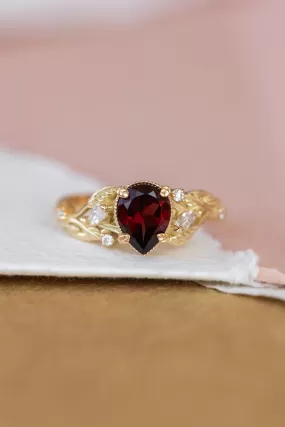 READY TO SHIP: Patricia ring in 14K yellow gold, natural garnet pear cut 8x6 mm, accent moissanites, AVAILABLE RING SIZES: 5.25-7.25US