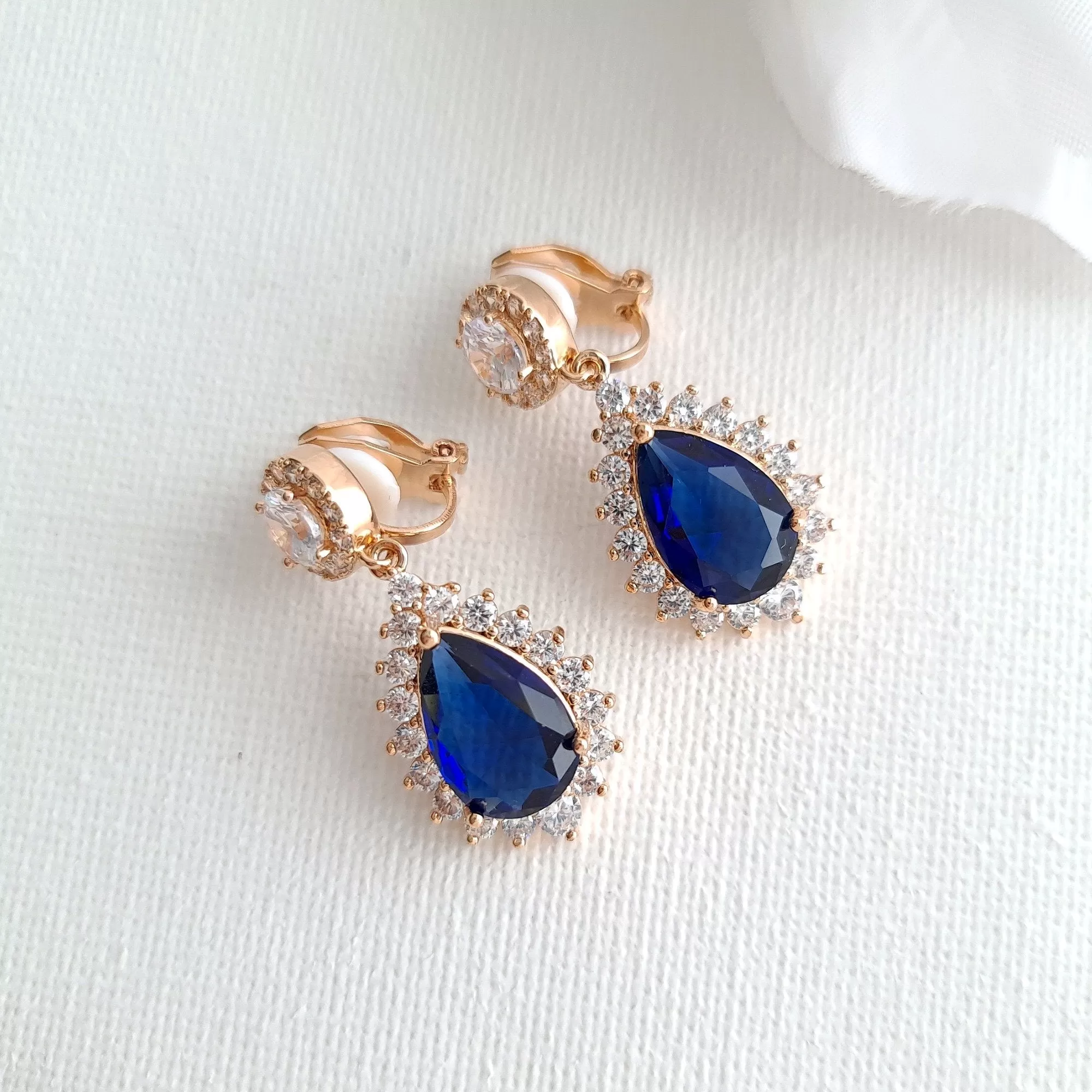 Rose Gold and Blue Clip On Earrings for Weddings-Aoi