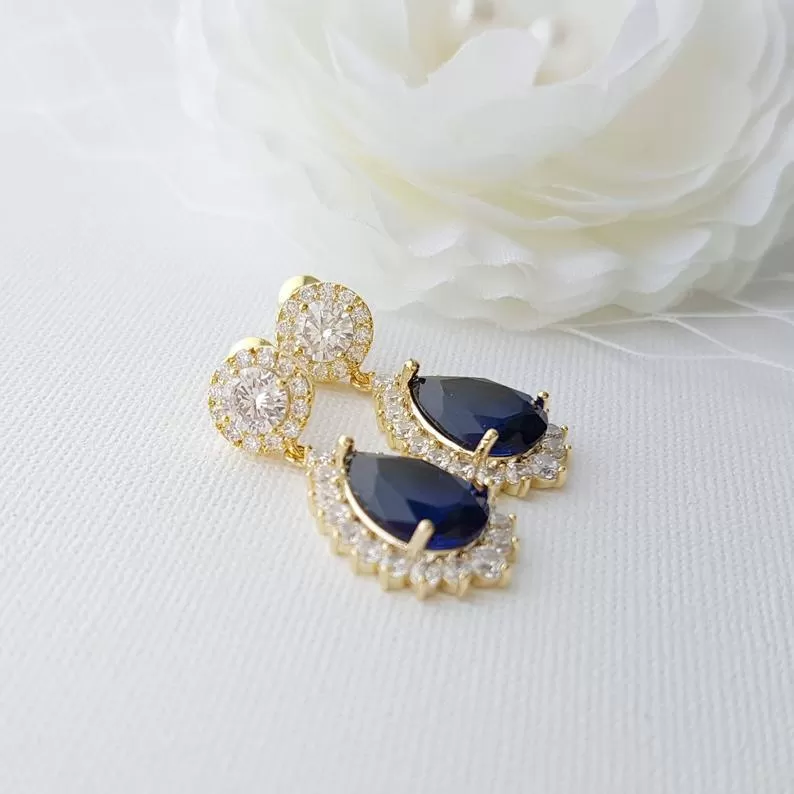 Rose Gold and Blue Clip On Earrings for Weddings-Aoi