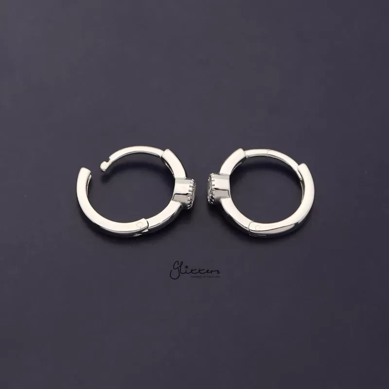 Round C.Z Centred Sterling Silver One-Touch Huggie Hoop Earring - Silver