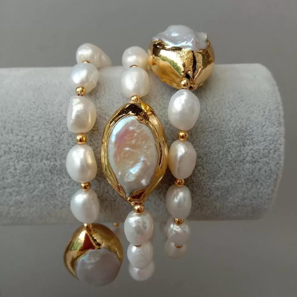 Rows Cultured White Baroque Freshwater Pearl Handmade Bracelet