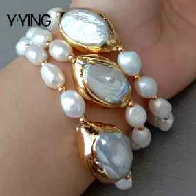 Rows Cultured White Baroque Freshwater Pearl Handmade Bracelet