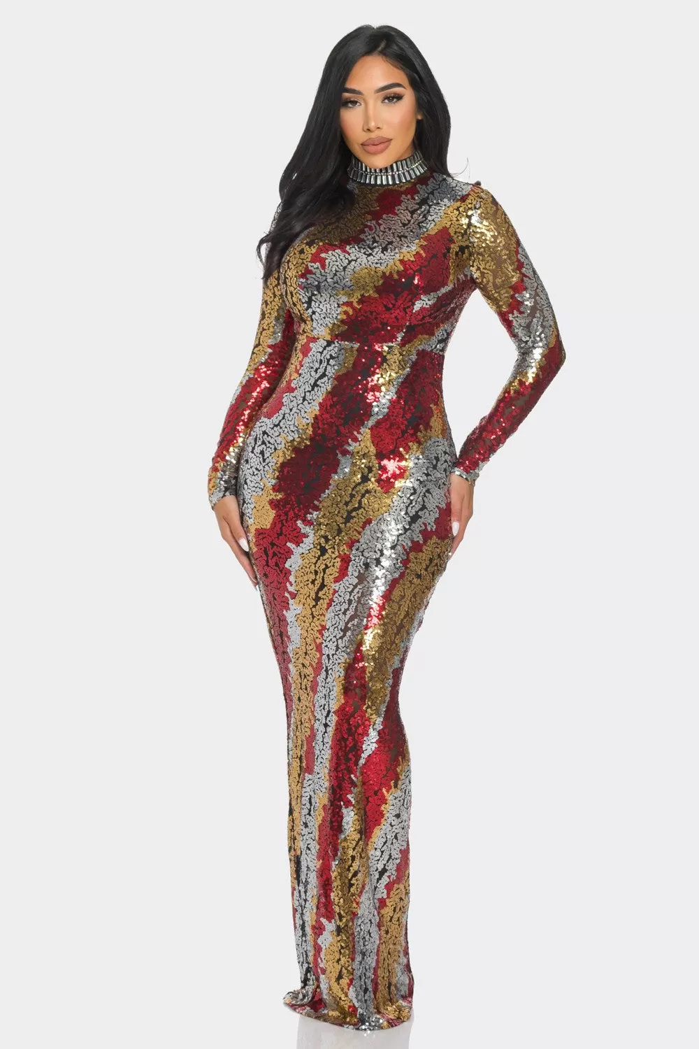 SEQUIN MOCK NECK LONG SLEEVE MAXI DRESS