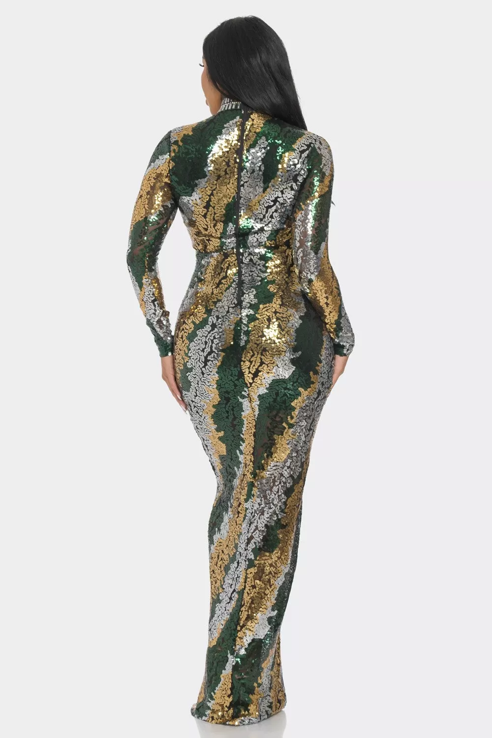 SEQUIN MOCK NECK LONG SLEEVE MAXI DRESS