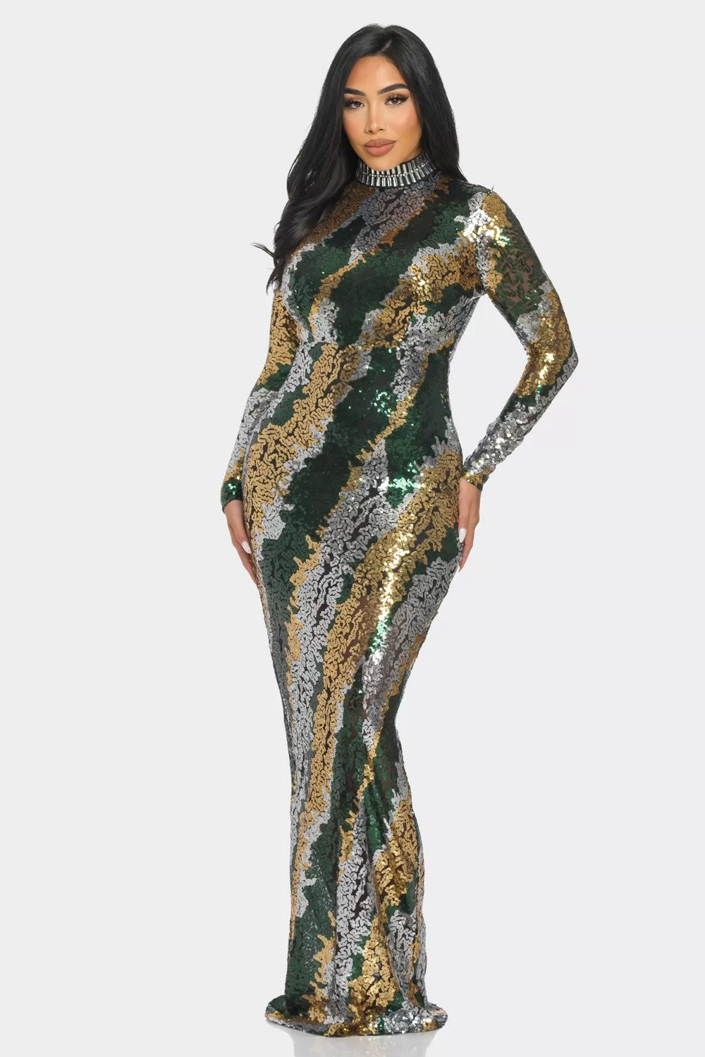 SEQUIN MOCK NECK LONG SLEEVE MAXI DRESS