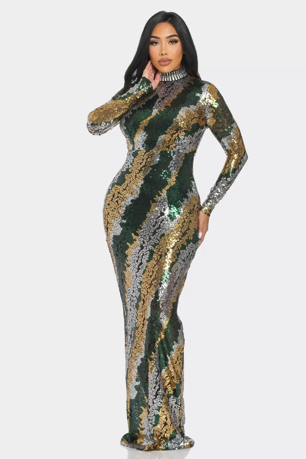 SEQUIN MOCK NECK LONG SLEEVE MAXI DRESS