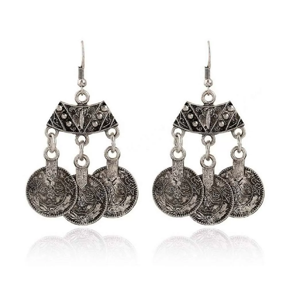 Silver Coin Dangle Boho Earrings