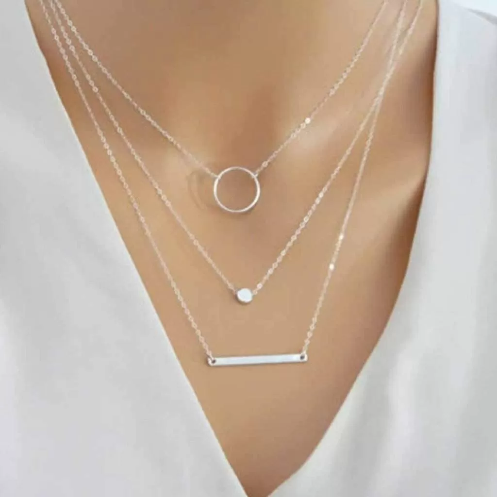 Silver Layered Bar, Circle and Metal Bead Necklace