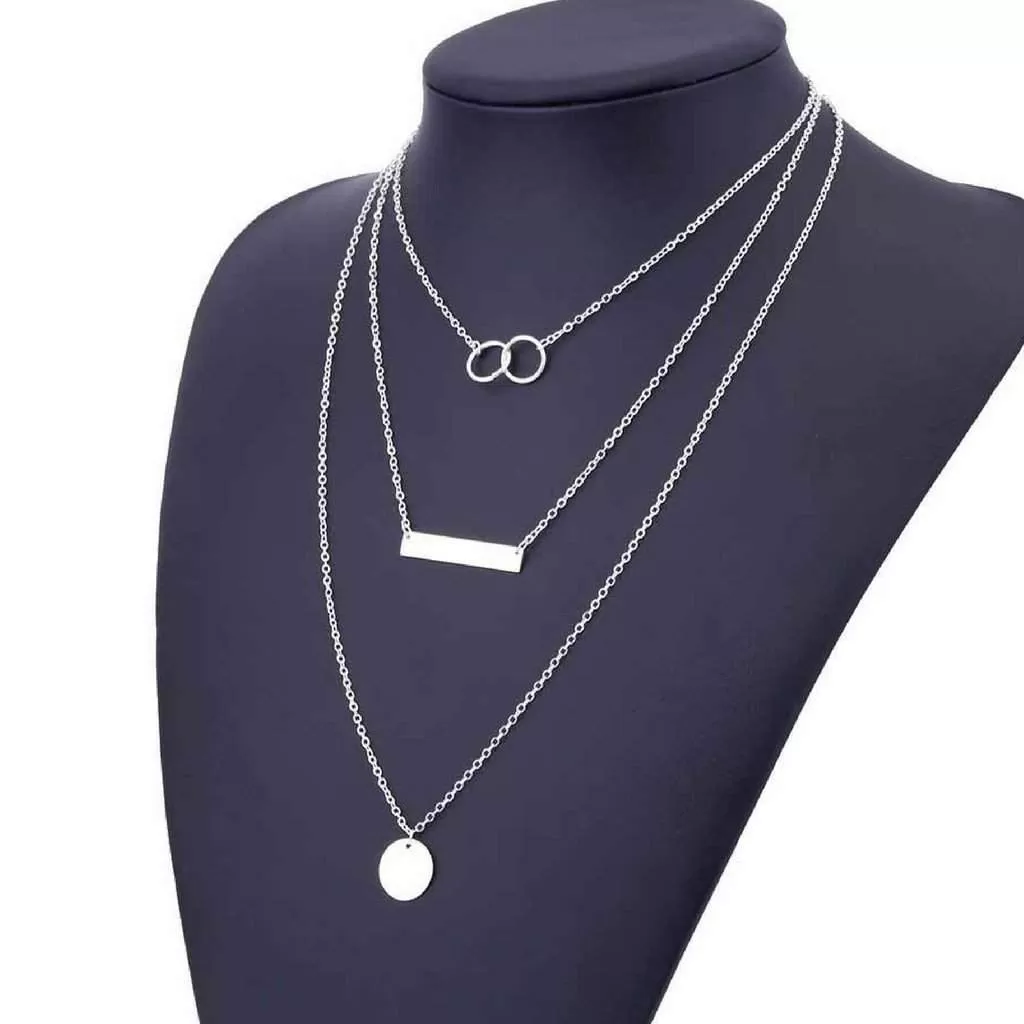 Silver Layered Disc, Bar, and Double Ring Chain Necklace