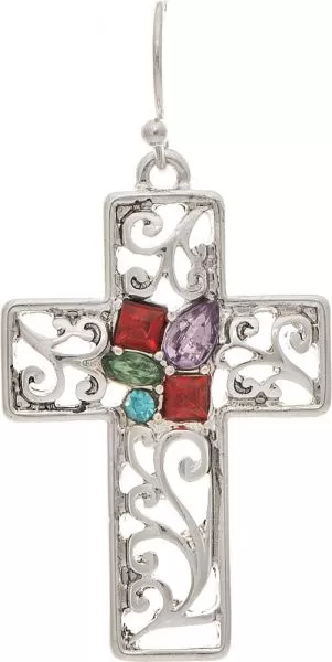 Silver Multicolor Sparkle Swirl Cross Earrings