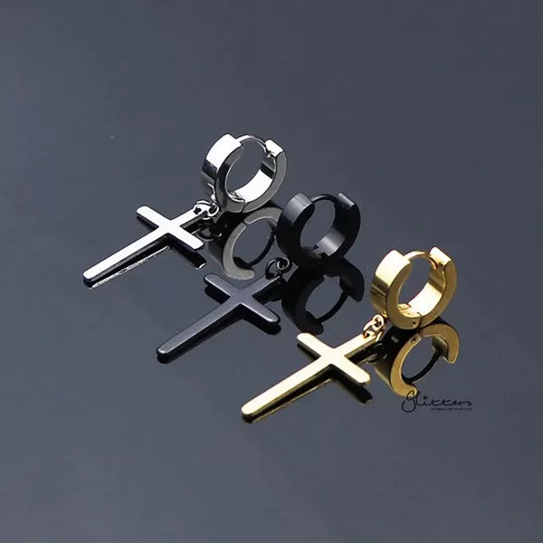 Stainless Steel Huggie Hoop Earrings with Drop Cross