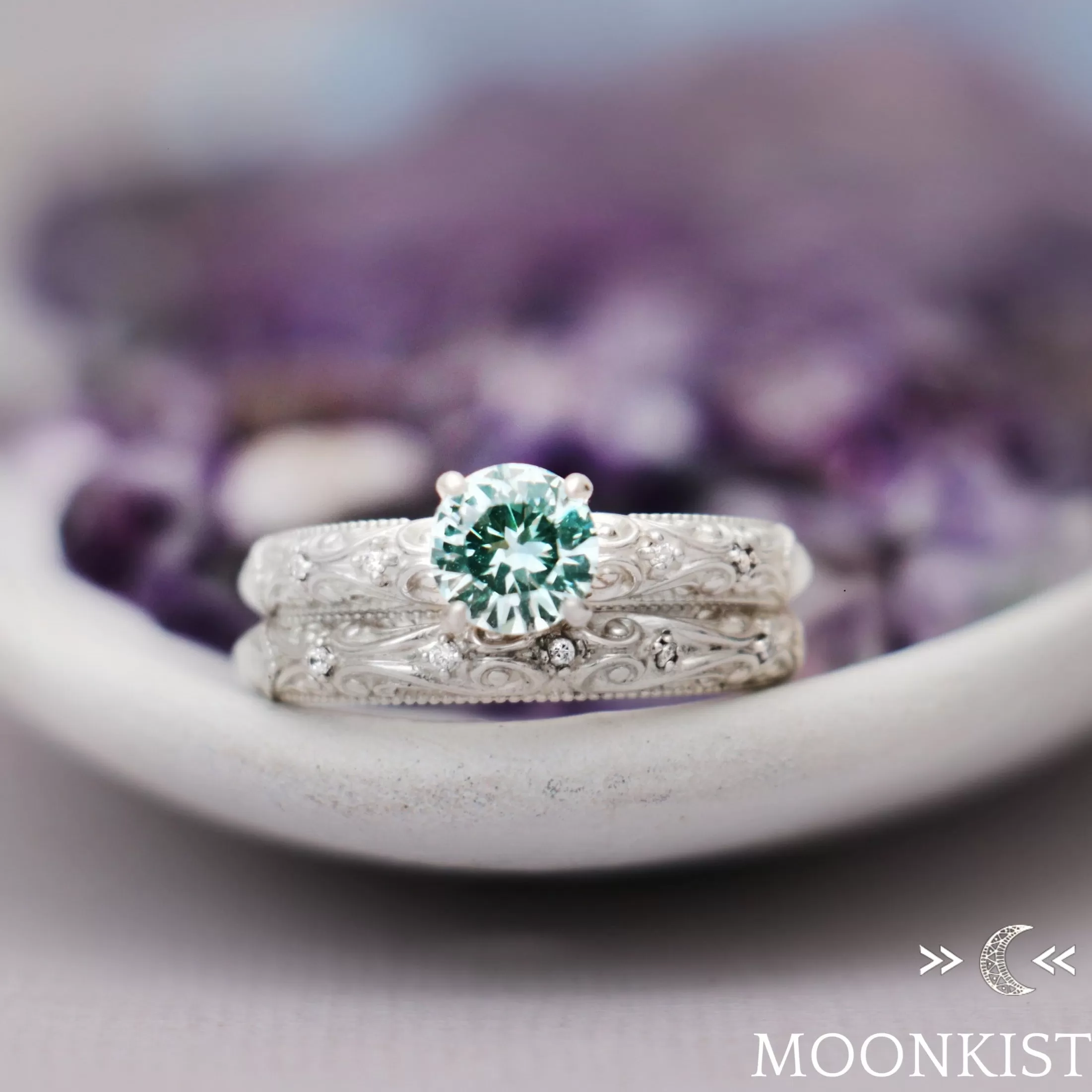 Sterling Silver Art Deco Engagement Ring Set | Moonkist Designs