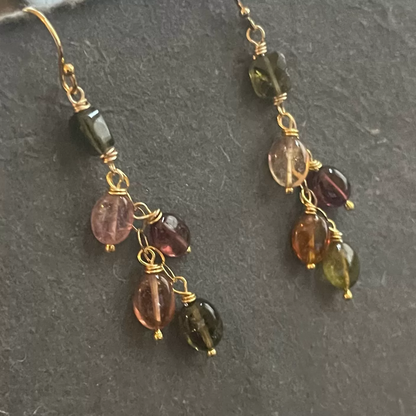 Tourmaline Cascade Earrings, Gold, OOAK