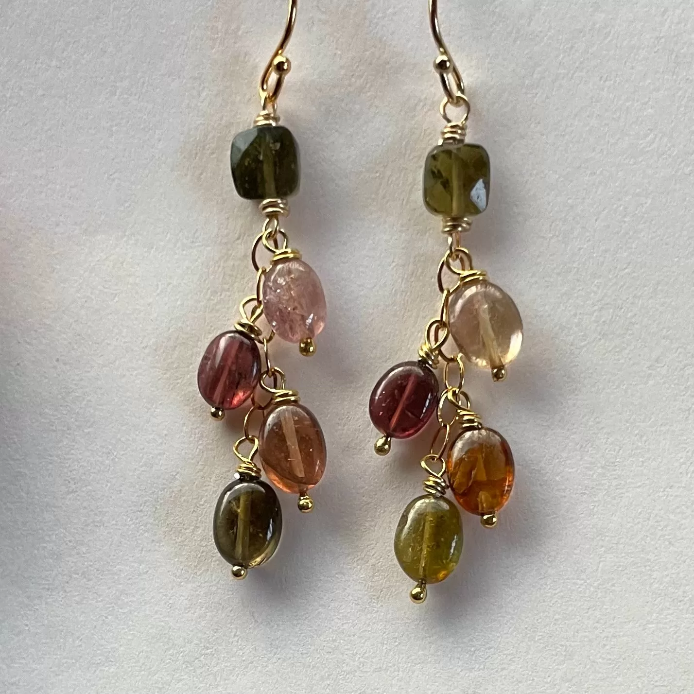 Tourmaline Cascade Earrings, Gold, OOAK