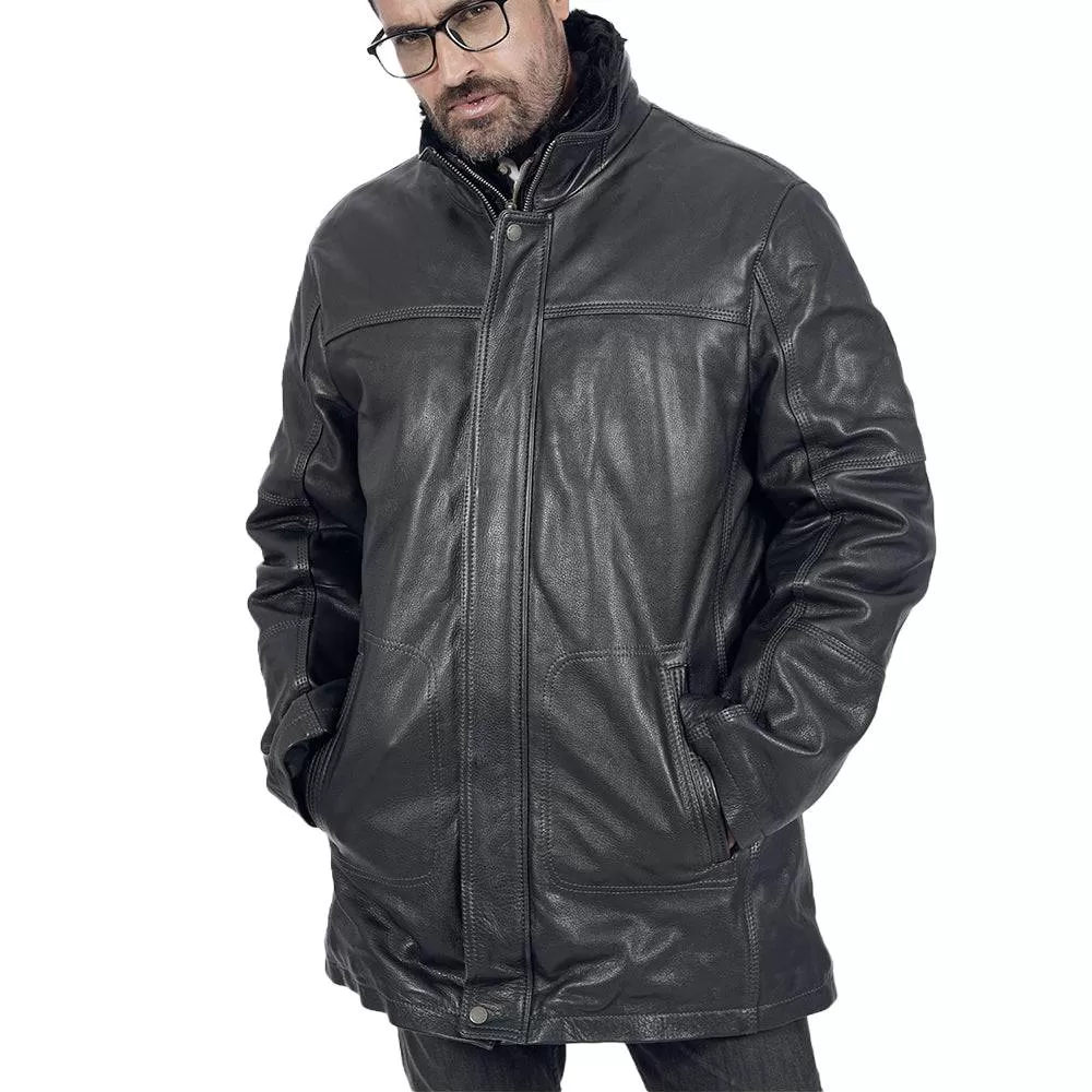 Traper Warm Long Black Leather Jacket