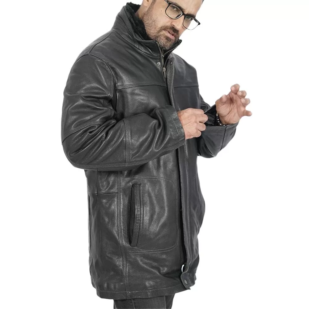 Traper Warm Long Black Leather Jacket